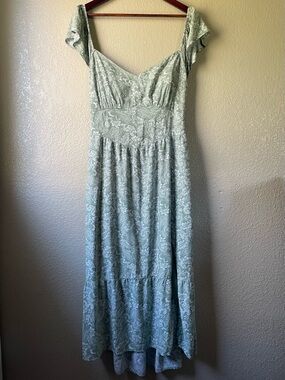 Hollister Womens XL Green Paisley Boho Midi Dress Off Shoulder Open Tie Back